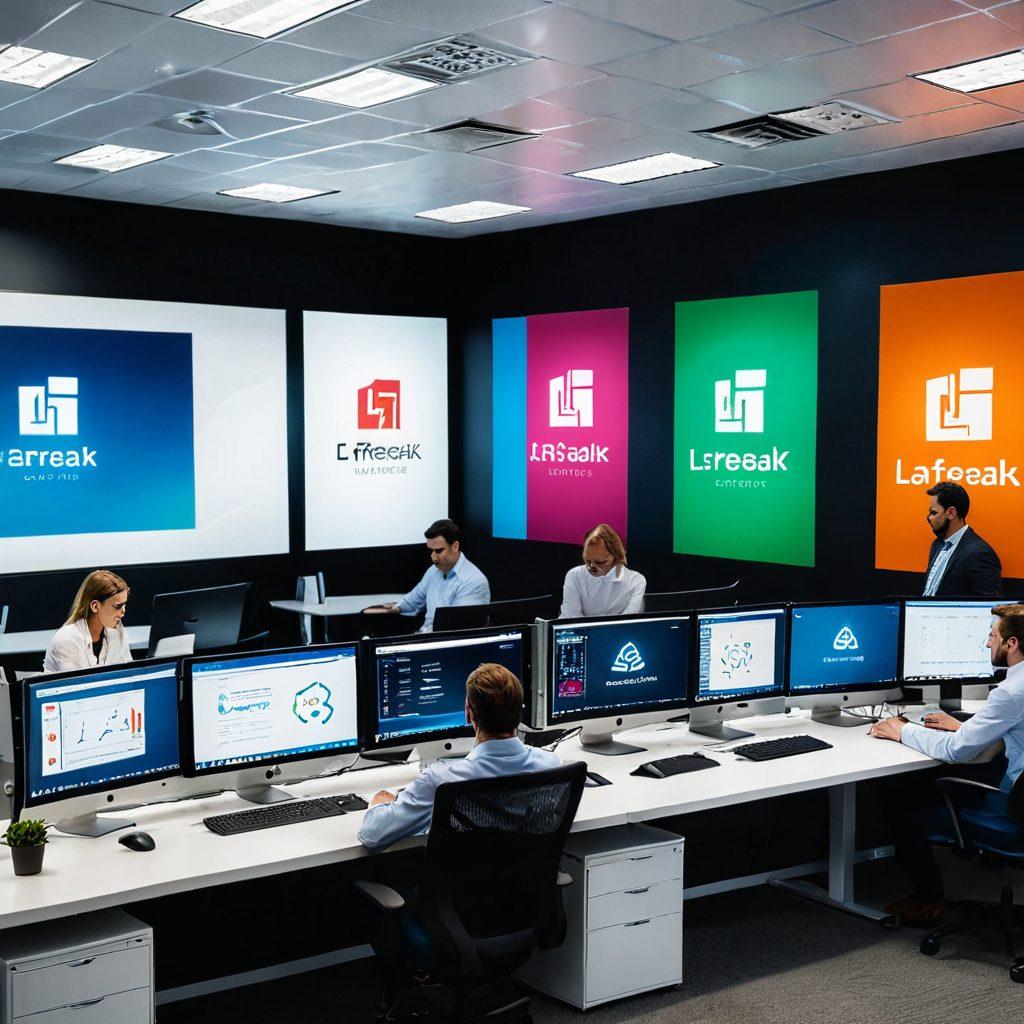 A sleek, modern office setting with a team of professionals working on high-tech computers. The screens show complex website designs and analytics. There's a sense of collaboration and expertise with LaFreak's logo subtly integrated in the background, providing a touch of brand identity. Dynamic light and vibrant colors accentuate the atmosphere of cutting-edge technology. super-realistic. vibrant colors. white background.