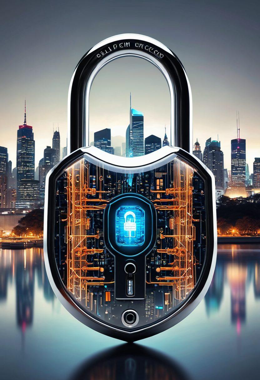 An open vintage-style padlock revealing a glowing, futuristic cityscape symbolizing digital excellence, intertwined with sleek cables and circuitry. The cityscape reflects innovative web elements such as various devices interconnected with dynamic data flow. Super-realistic. Vibrant colors. Futuristic design. White background.