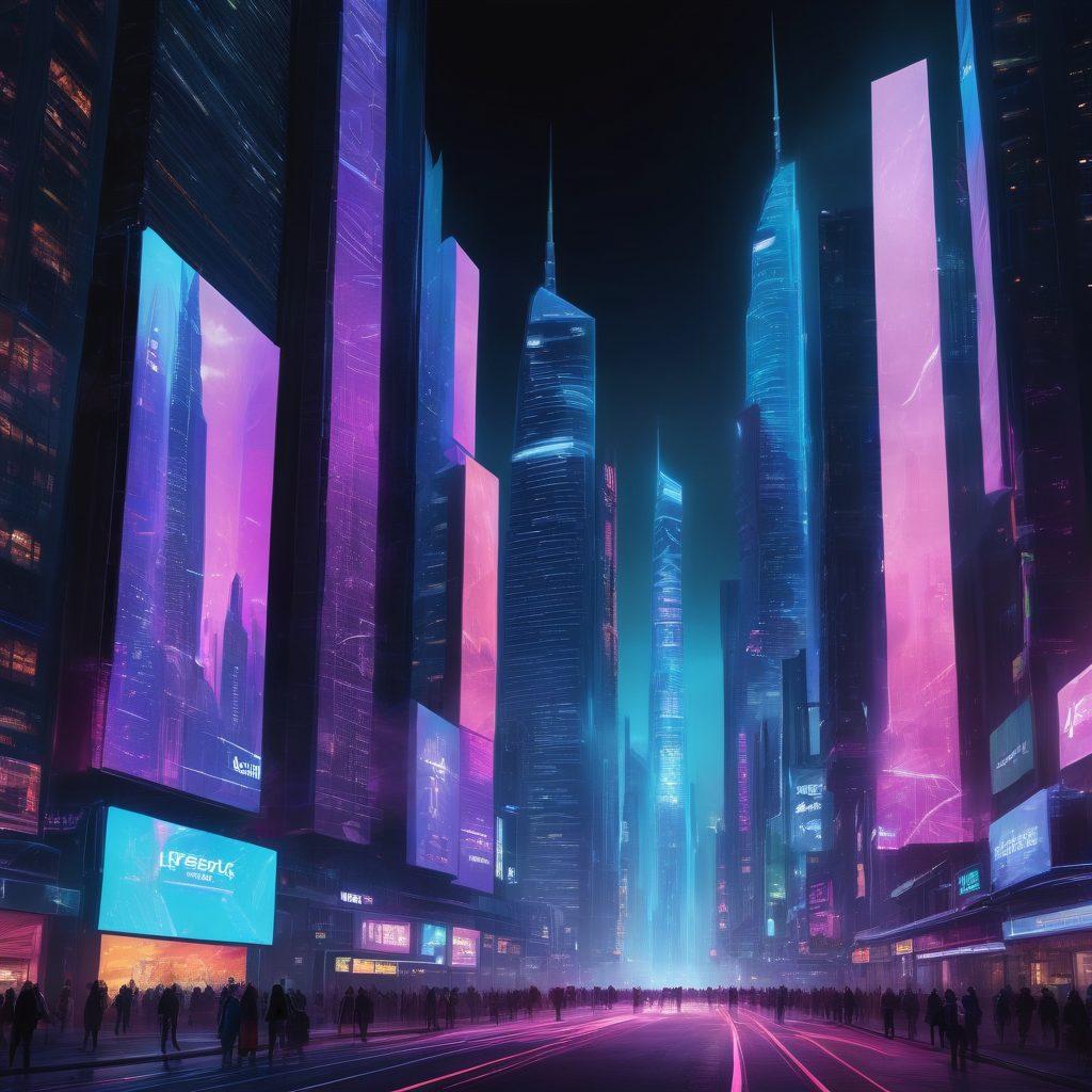 A futuristic cityscape with glowing skyscrapers made of digital screens, symbolizing advanced internet solutions. LaFreak's logo prominently featured on a giant digital billboard. People using various devices, connected by glowing lines of data. Vibrant colors. 3D. cyberpunk.